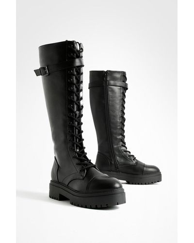 Boohoo Side Buckle Knee High Combat Boots - Black