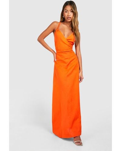 Boohoo Ring Detail Linen Maxi Dress - Orange