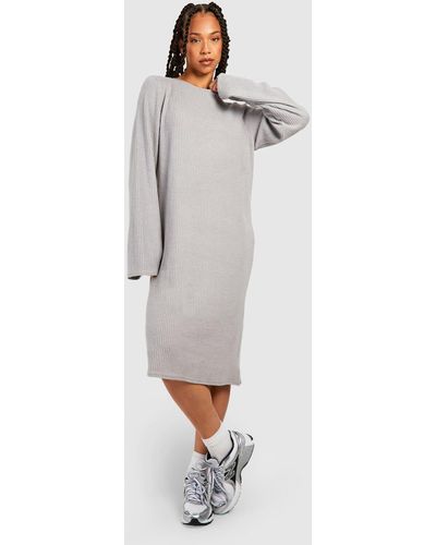 Boohoo Tall Soft Knitted Rib Funnel Longsleeve Column Midi Dress - Gray