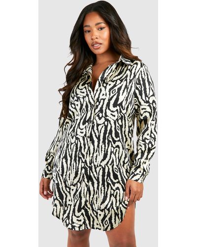 Boohoo Plus Zebra Print Shirt Dress - Blanco