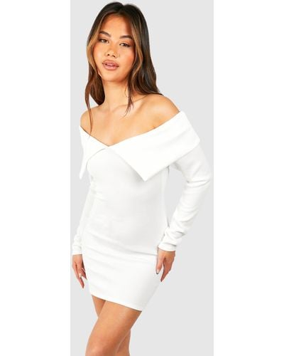 Boohoo Bardot Heavy Rib Long Sleeve Mini Dress - White