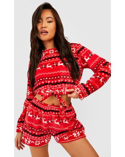 Boohoo Fairisle Fleece Crop Sweater & Short Set - Red