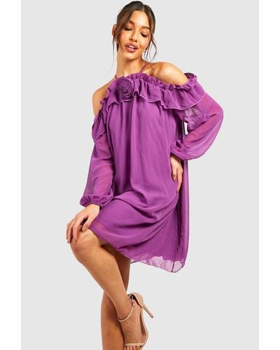 Boohoo Corsage Cold Shoulder Swing Mini Dress - Purple