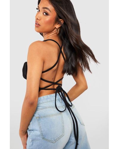 Boohoo Petite Ruched Strappy Back Crop Top - Blue