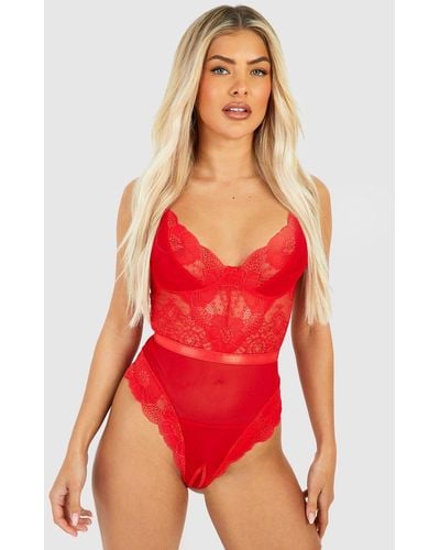 Boohoo Crotchless Lace And Mesh One Piece - Red