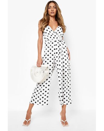 Boohoo Polka Dot Strappy Wrap Culotte Jumpsuit - White
