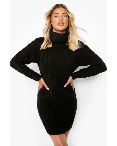Boohoo Cable Knit Roll Neck Sweater Dress - Black