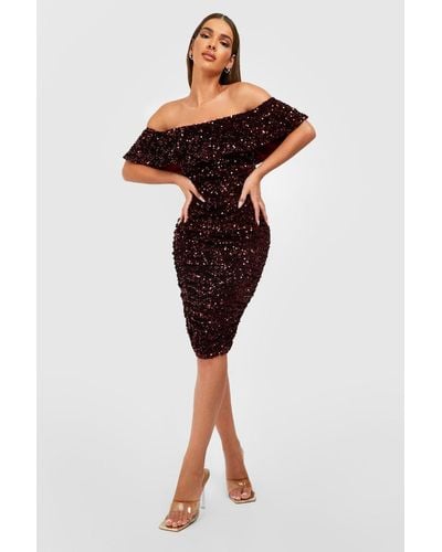 Boohoo Sequin Off The Shoulder Midi Party Dress - Red