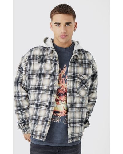 BoohooMAN Oversized Detachable Hood Quilted Check Shirt - Gray