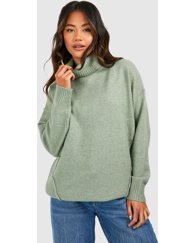 Boohoo Soft Knit Roll Neck Oversized Longline Sweater - Green