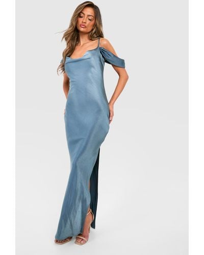 Boohoo Bridesmaid Satin Cold Shoulder Maxi Dress - Blue