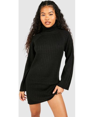 Boohoo Petite Roll Neck Wide Sleeve Sweater Dress - Black
