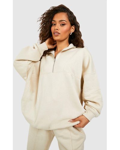 Boohoo Seam Detail Oversized Half Zip Sweatshirt - Natural