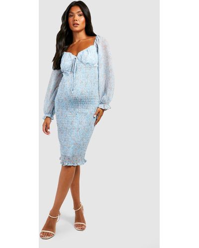 Boohoo Maternity Shirred Long Sleeve Midi Dress - Blue