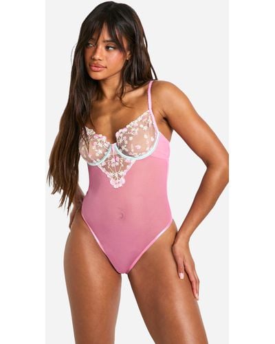 Boohoo Strawberry Embroidered Detail Bodysuit - Rosa