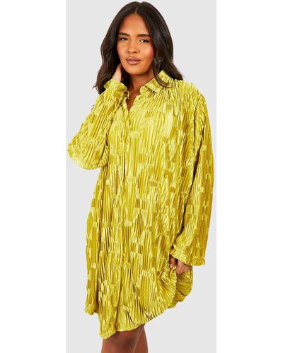 Boohoo Plus Satin Crinkle Shirt Dress - Yellow
