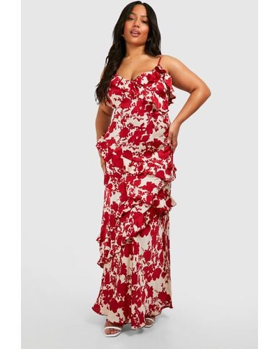 Boohoo Plus Satin Floral Ruffle Slip Maxi Dress - Red