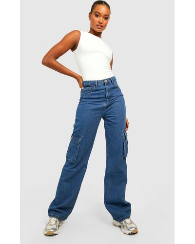 Boohoo Tall High Waisted Straight Fit Cargo Jeans - Blue