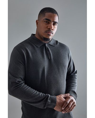 BoohooMAN Plus Textured Knitted Polo In Charcoal - Gray