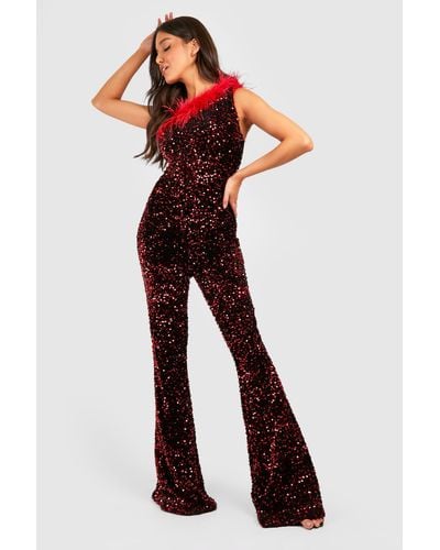 Boohoo Feather Trim Sequin Flare Jumpsuit - Red