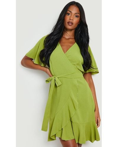 Boohoo Tall Angel Sleeve Wrap Ruffle Mini Dress - Green