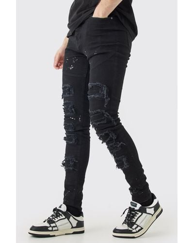 BoohooMAN Tall Super Skinny Pu Biker Rip & Repair Paint Splatter Jeans - Blau