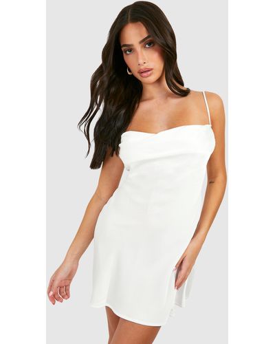 Boohoo Petite Satin Cowl Mini Slip Dress - White