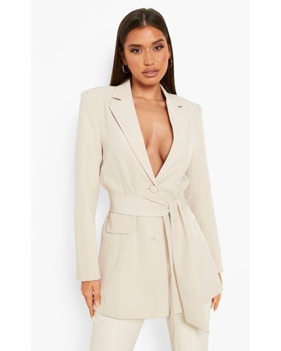 Boohoo Tailored Tie Waist Blazer - Natural