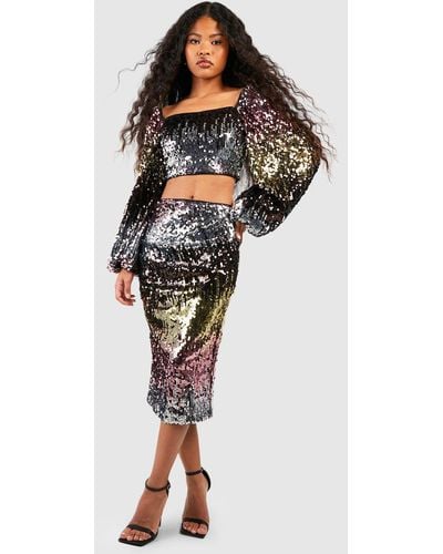 Boohoo Petite Sequin Ombre Ruched Midi Skirt - Black
