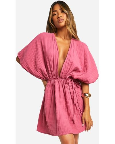 Boohoo Cheesecloth Belted Batwing Mini Dress - Pink