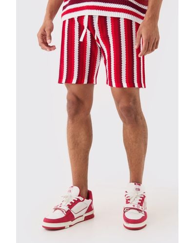 Boohoo Relaxed Open Stitch Stripe Knit Short In White - Red