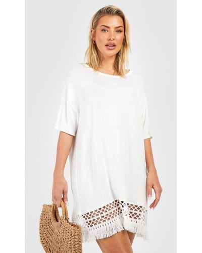 Boohoo Crochet Tassel Hem Beach Dress - White