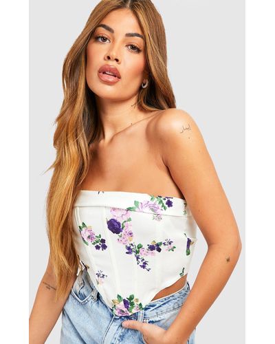 Boohoo Ditsy Floral Printed Strapless Bengaline Corset Top - White