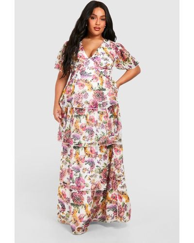 Boohoo Plus Woven Floral Print Angel Sleeve Tiered Maxi Dress