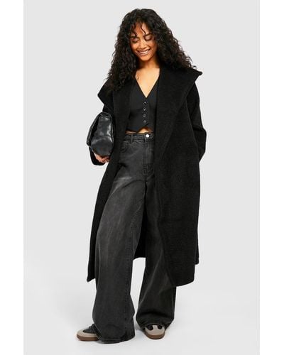 Boohoo Textured Shawl Collar Belted Maxi Wool Look Coat - Black
