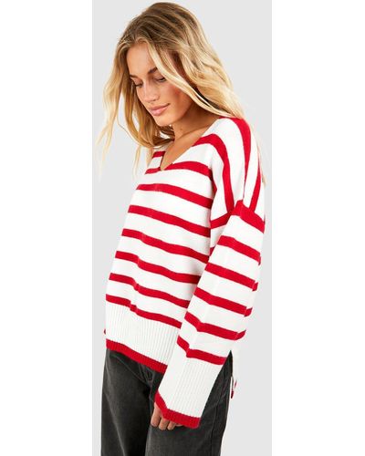 Boohoo Slouchy Stripe Sweater - Red