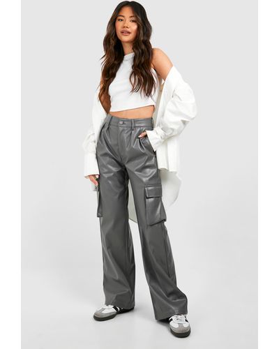Boohoo Faux Leather Pocket Detail Cargo Straight Trouser - Gray