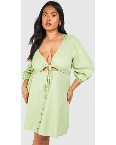 Boohoo Plus Linen Feel Cut Out Detail Mini Dress - Green