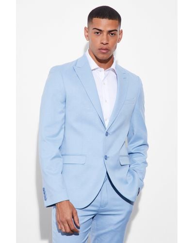 BoohooMAN Slim Double Breasted Linen Suit Jacket - Blue