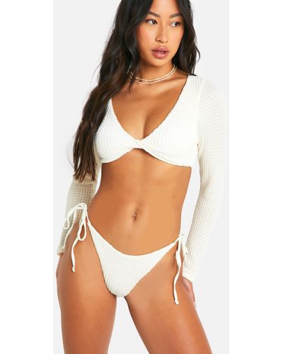 Boohoo Textured Long Sleeve Ruched Bum Bikini Set - White