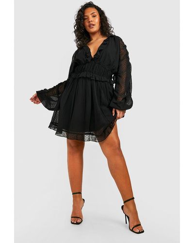 Boohoo Plus Dobby Mesh Ruffle Smock Dress - Black