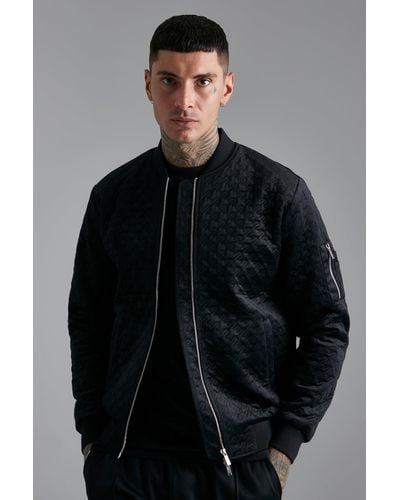 BoohooMAN Houndtooth Quilted Velvet Bomber - Grey