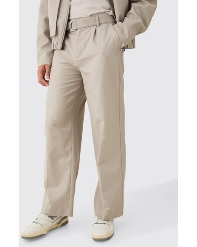 BoohooMAN Belted Tailored Wide Leg Trousers - Natur