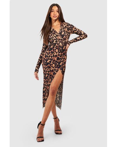 Boohoo Leopard Plisse Wrap Midaxi Dress - Brown