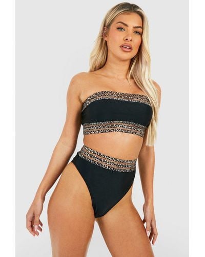 Boohoo Leopard Mesh Trim Bandeau Bikini Set - Black