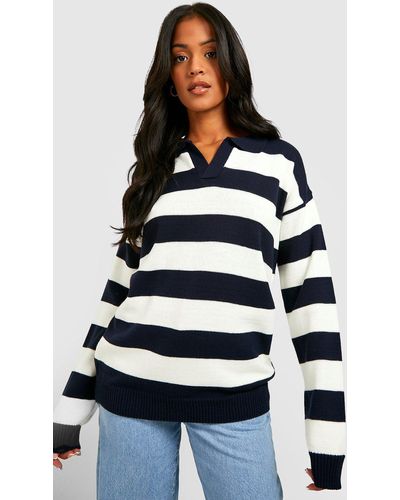 Boohoo Tall Knitted Stripe Collard Oversized Sweater - White