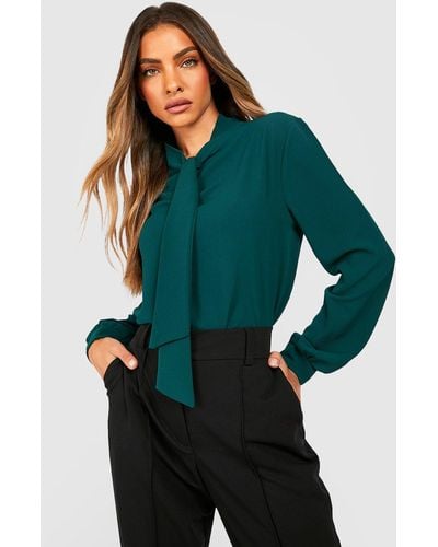 Boohoo Pussybow Woven Blouse - Green