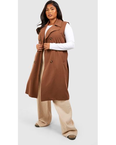 Boohoo Plus Woven Sleeveless Longline Belted Trench - Brown