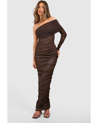 Boohoo One Shoulder Rouched Mesh Maxi Dress - Brown