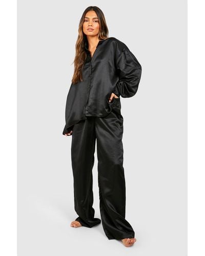 Boohoo Satin Oversized Detail Sleeve Pyjama Set - Black